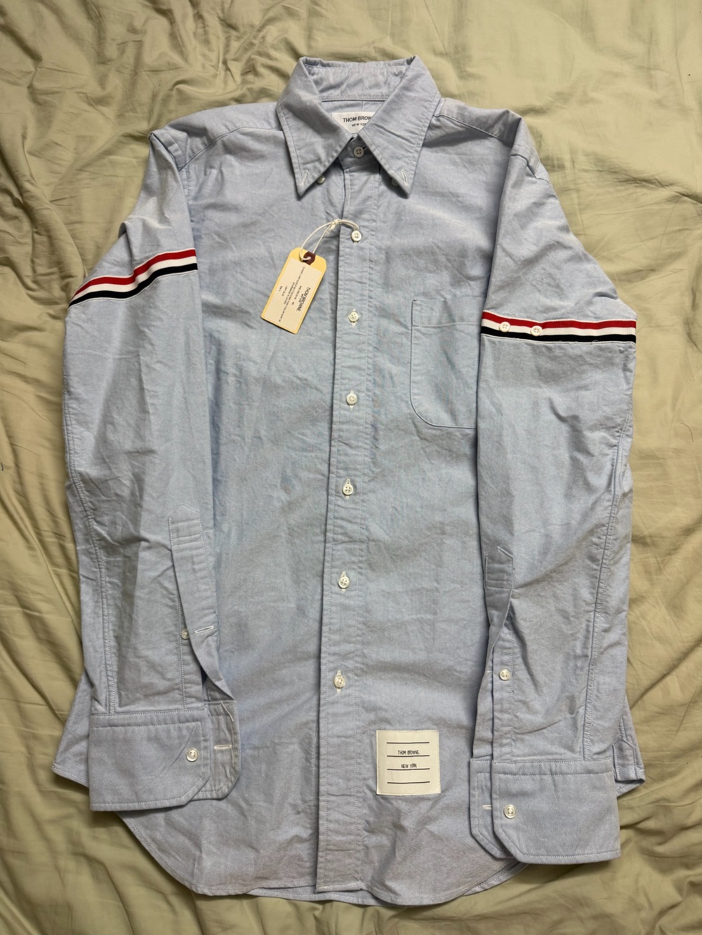 Thom Browne Light Blue Button-Down Shirt with Red, White & Black Sleeve Stripes